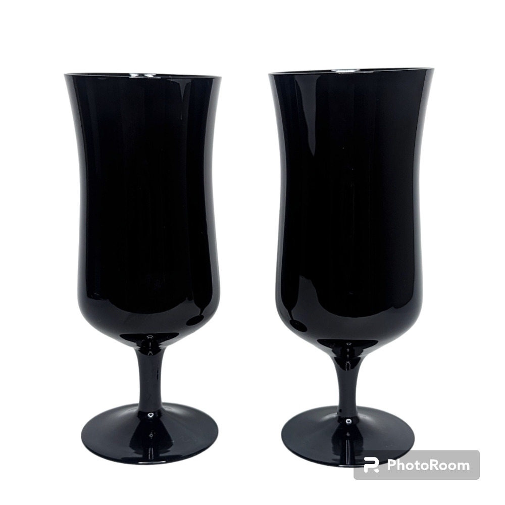 Vintage Black Glass Hurricane Tea Glasses Set of 2